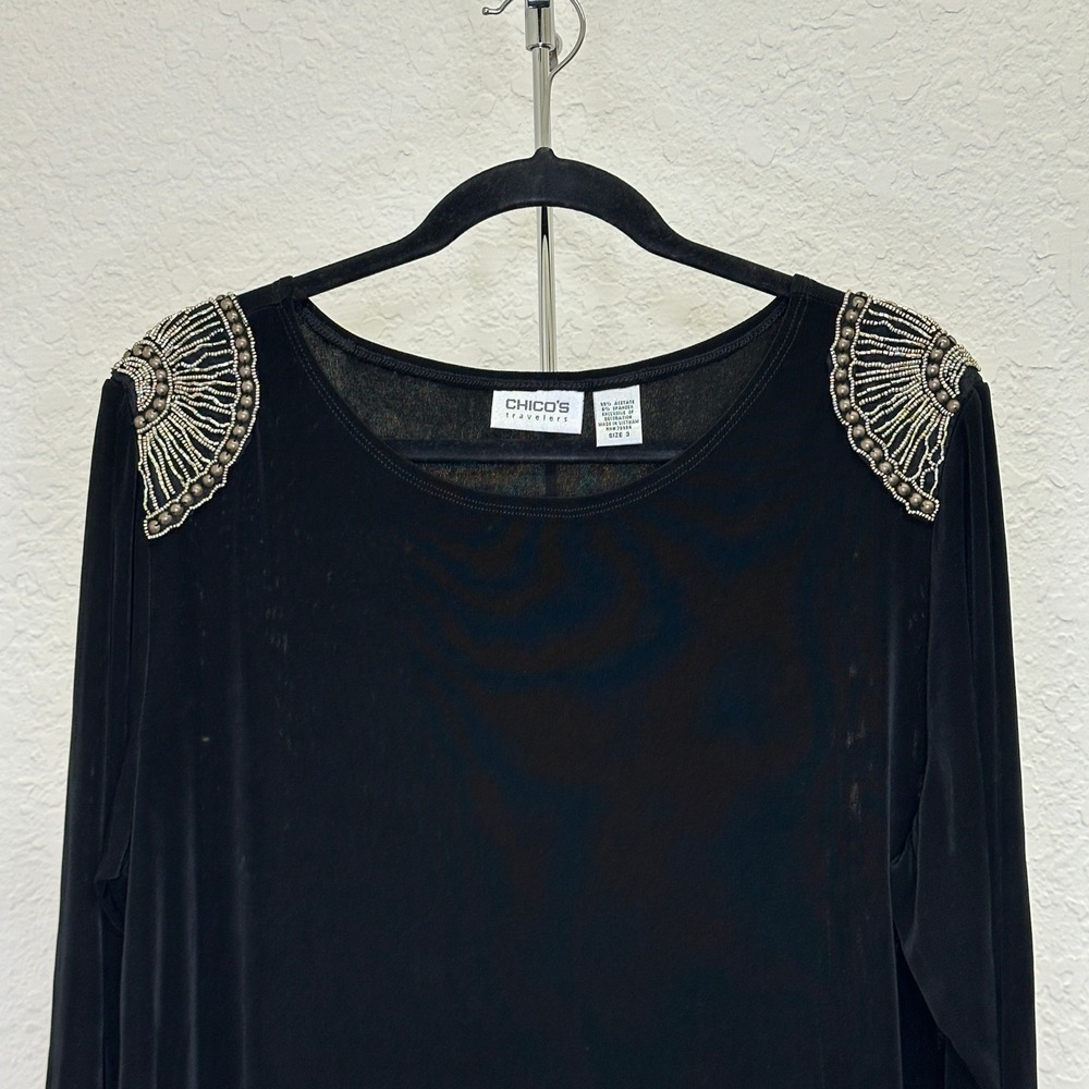 Chicos Travelers Black Beaded Shoulder Tunic Top Size 3 XL 3/4 Sleeve Knit